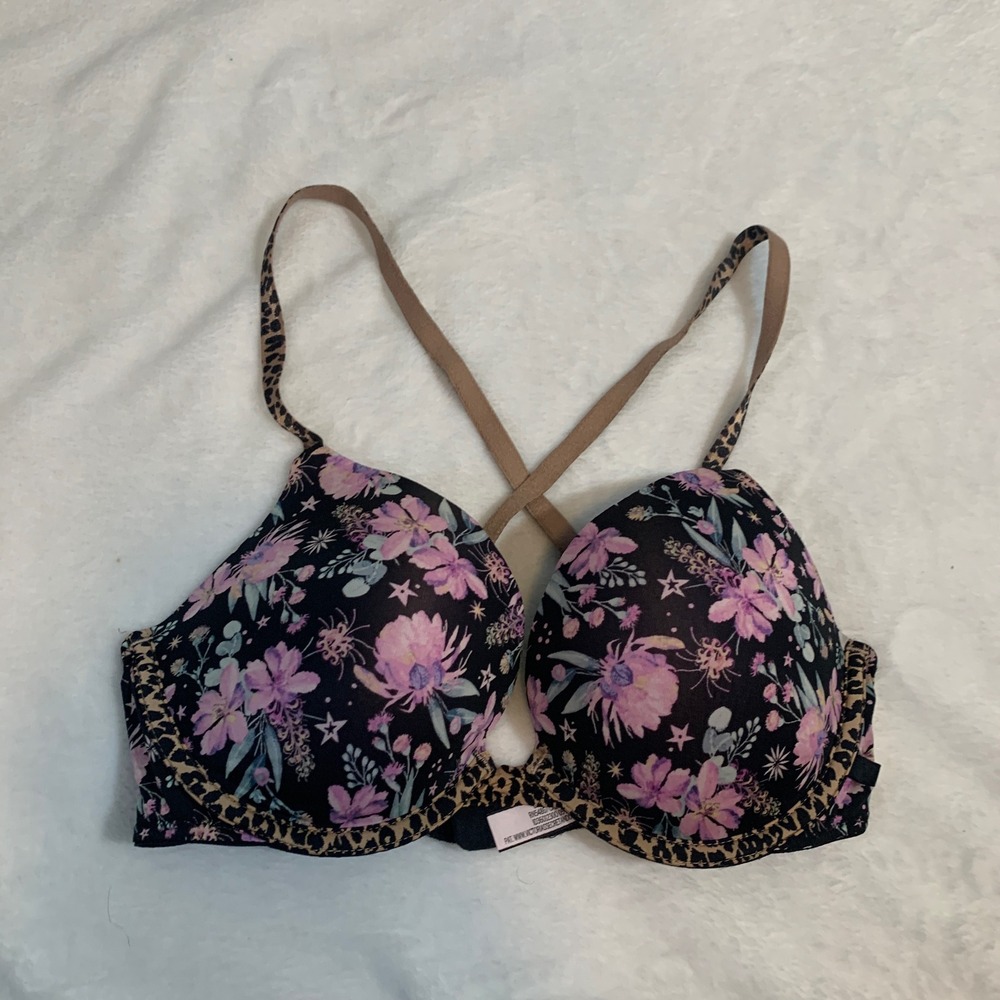 Victorias Secret Pink Floral Push Up Bra 32D Leopard Trim Strappy Back‎